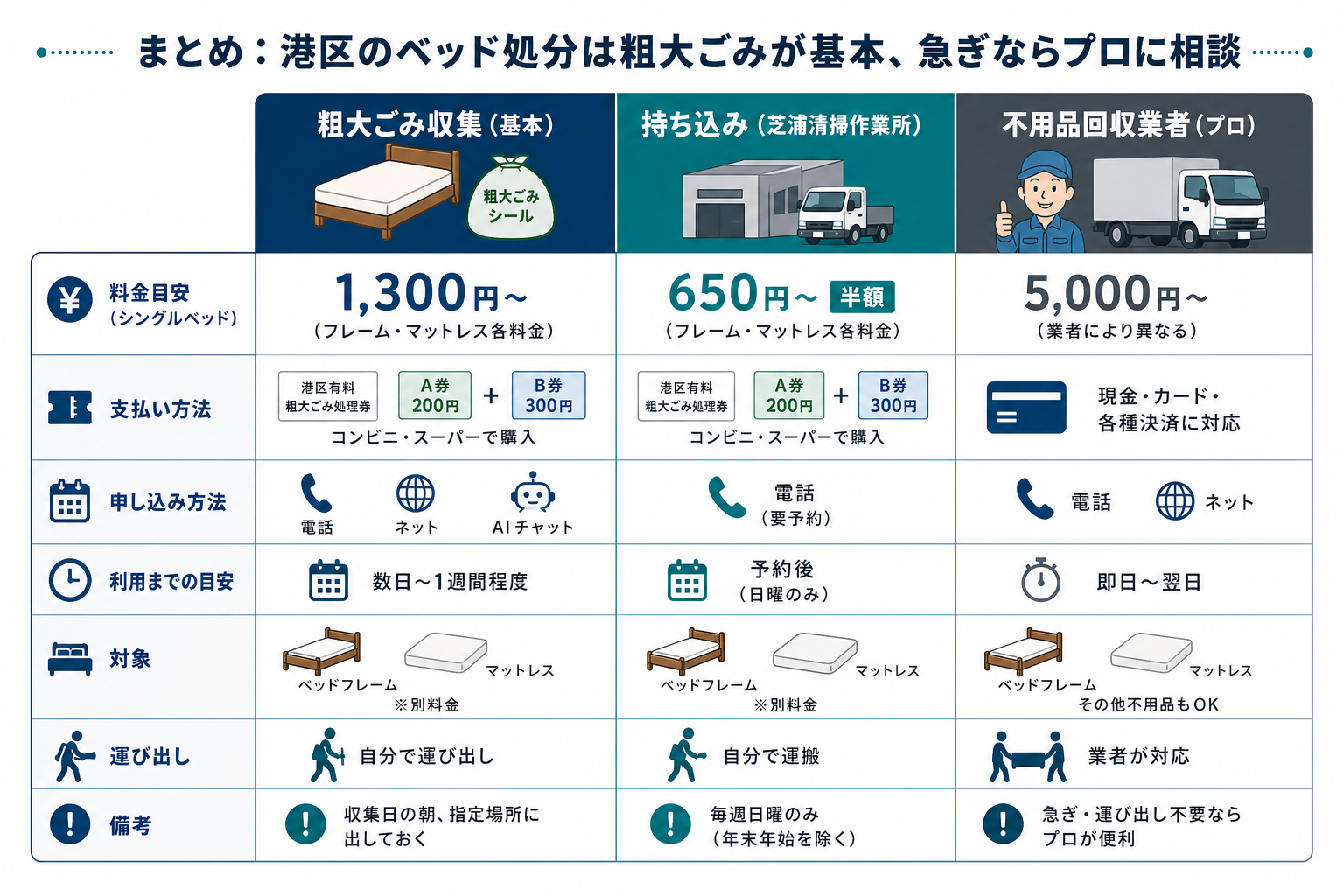 まとめ：港区のベッド処分は粗大ごみが基本、急ぎならプロに相談